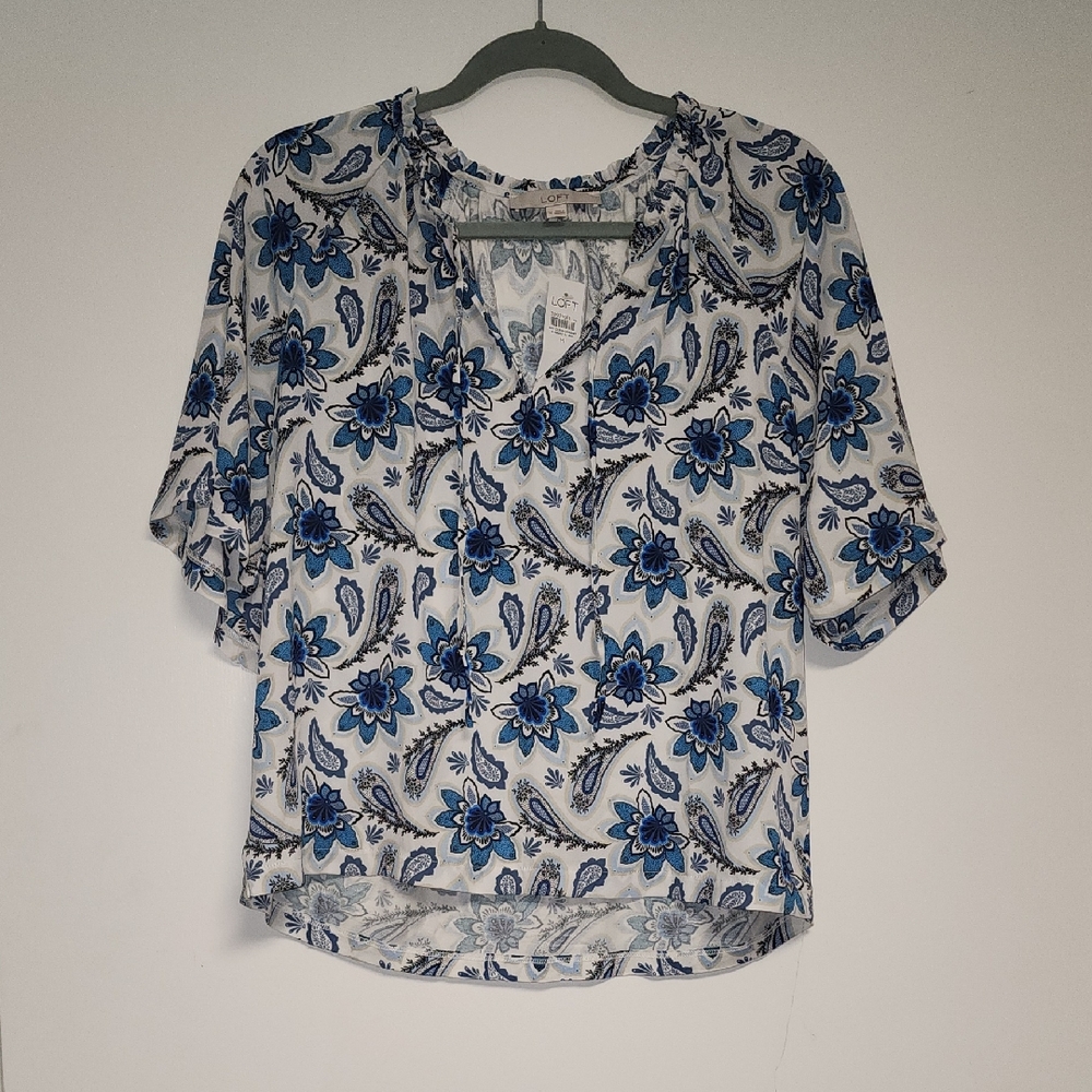 NWT LOFT Paisley Floral Tie Neck Mixed Media Blouse Blue & White Size M